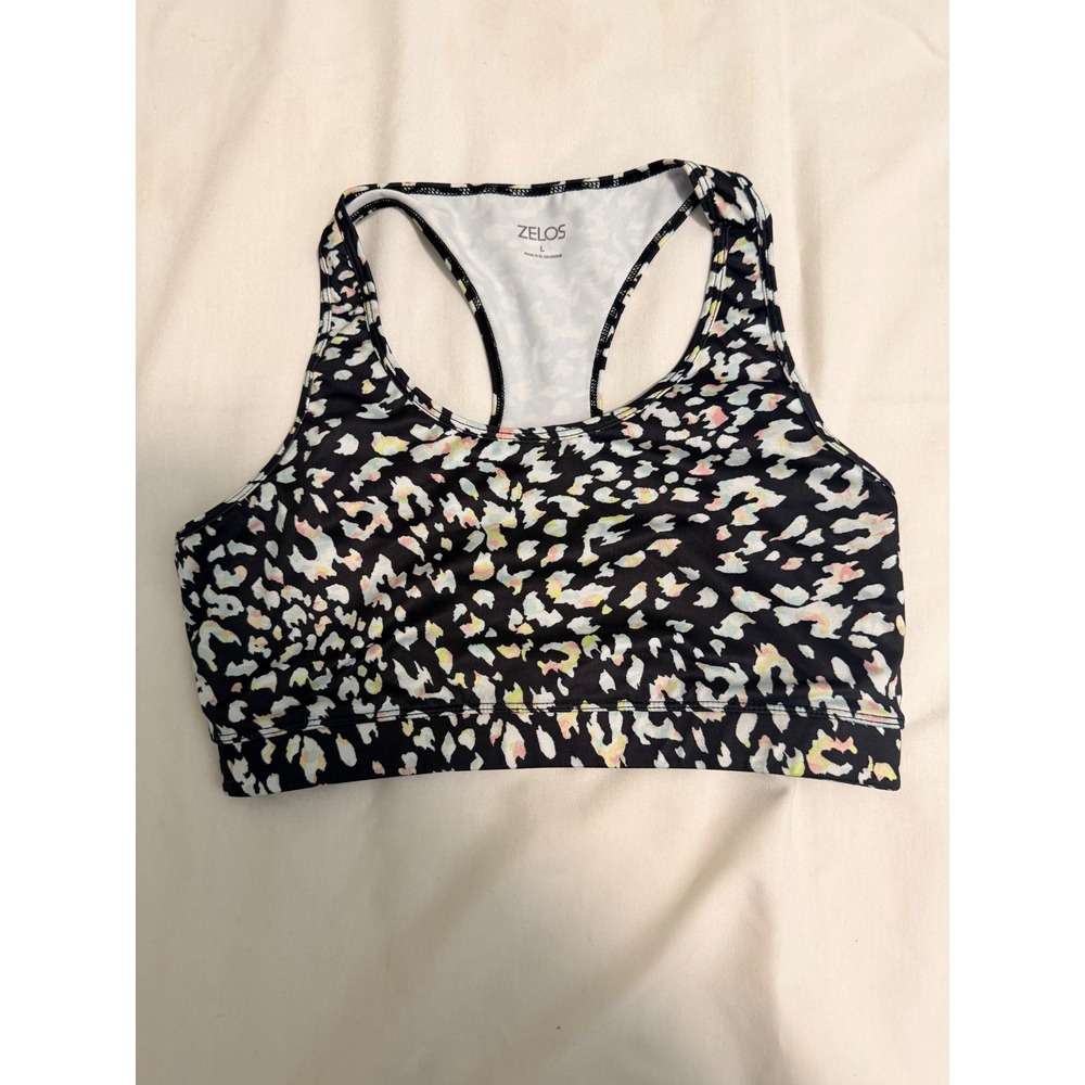 Zelos Womens Leopard Print Racerback Sports Bra Black Multi Color Size Large